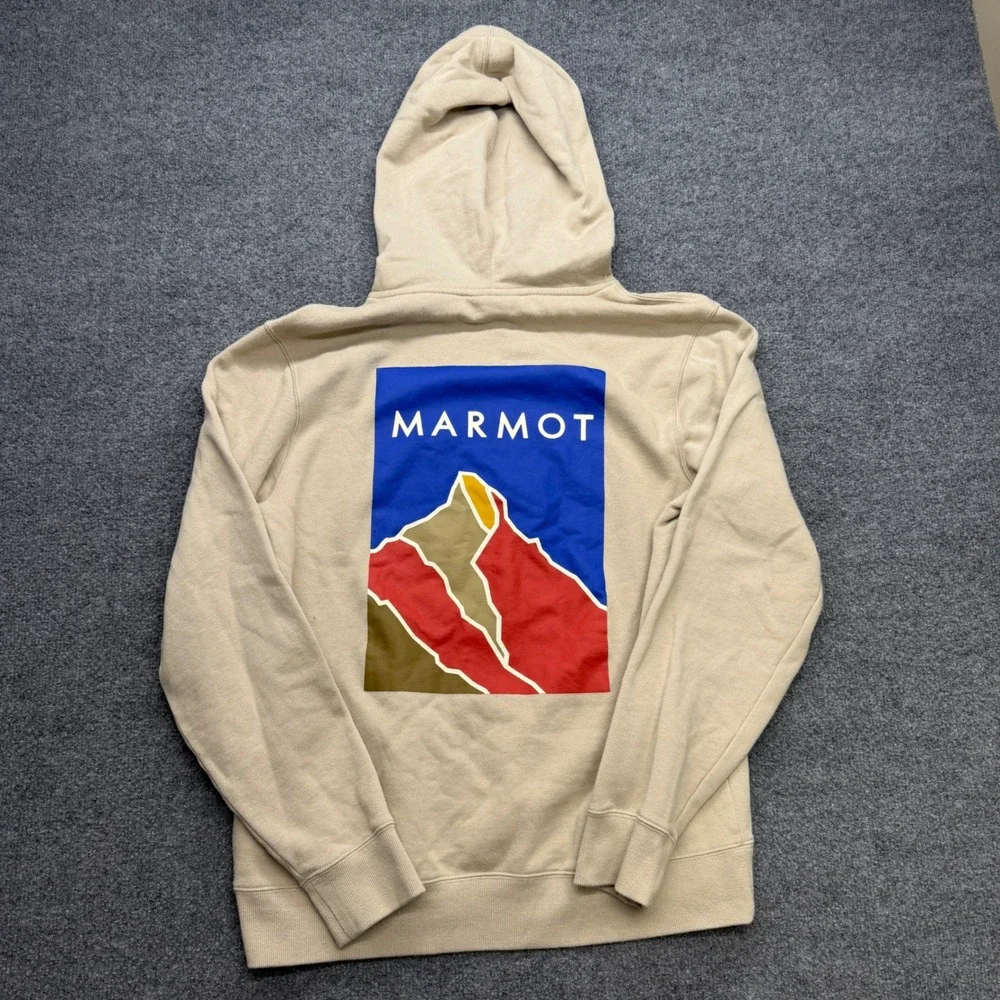 Marmot Mountain Works Mens Hoodie Tan Beige Graphic Mountain Pullover M
